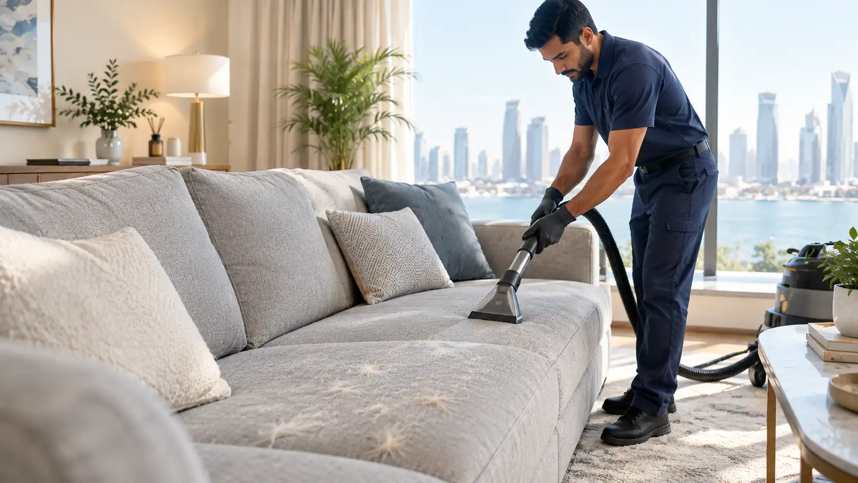 Professional sofa cleaning in a Doha apartment with a dog and cat resting on a freshly cleaned sofa
